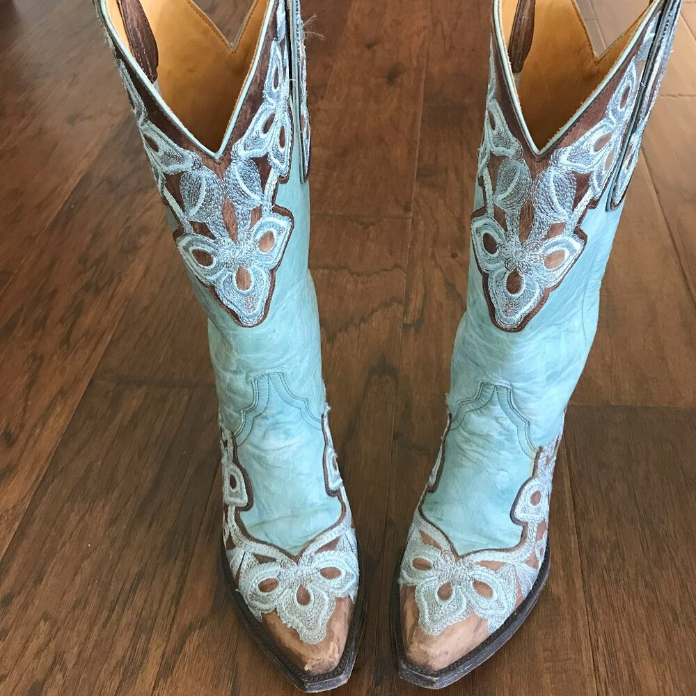 Old Gringo Women’s Western Cowgirl Boots, Blue and Brown Leather, Pointed Toe, S